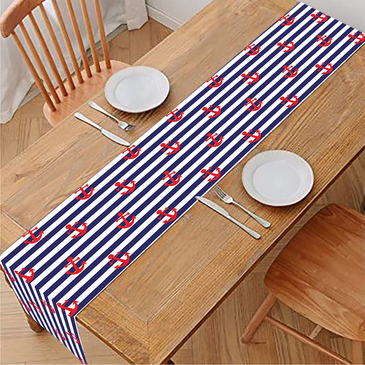 Blue Striped Nautical Anchor Print Table Runner
