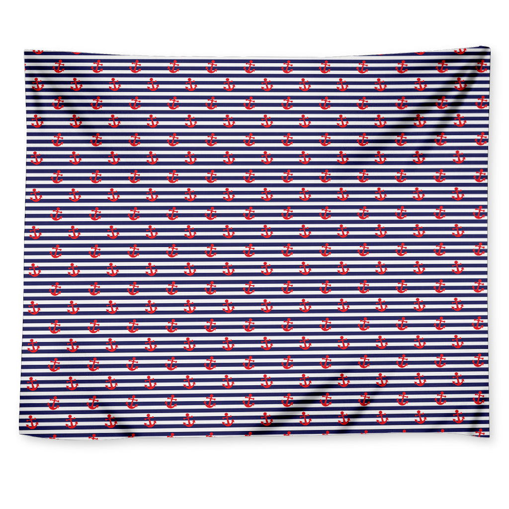 Blue Striped Nautical Anchor Print Tapestry
