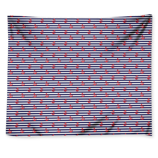 Blue Striped Nautical Anchor Print Tapestry