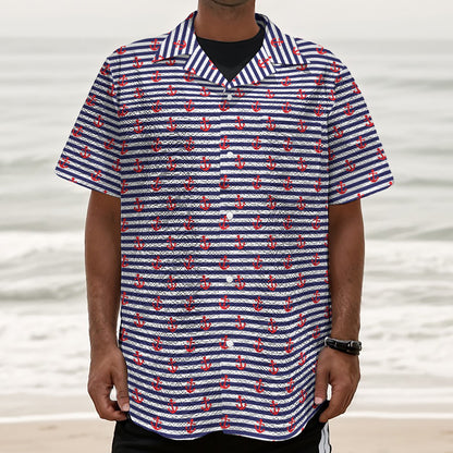 Blue Striped Nautical Anchor Print Textured Short Sleeve Shirt