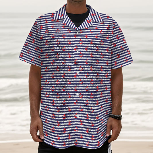Blue Striped Nautical Anchor Print Textured Short Sleeve Shirt