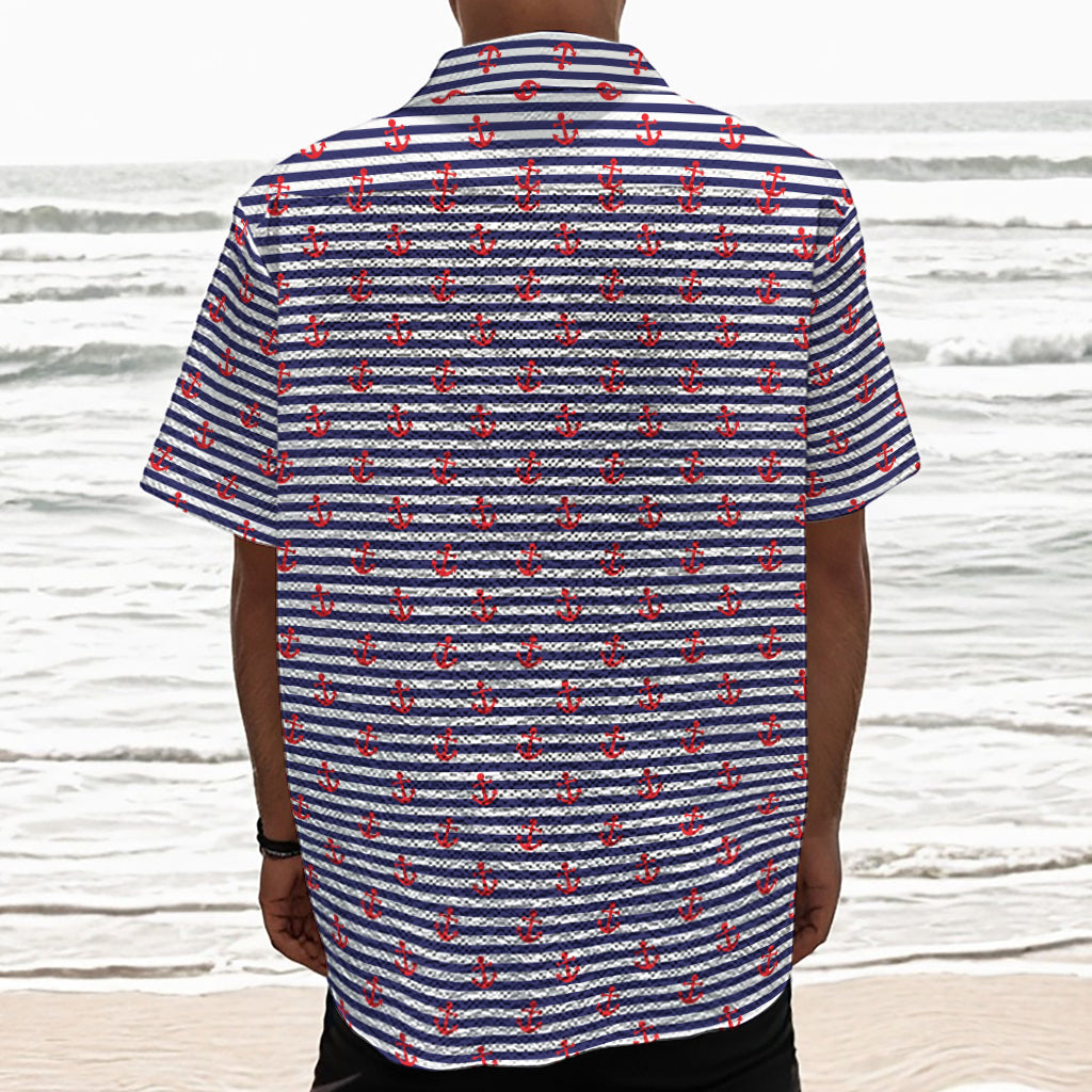 Blue Striped Nautical Anchor Print Textured Short Sleeve Shirt
