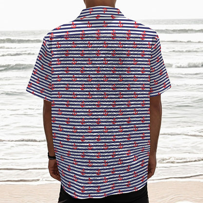 Blue Striped Nautical Anchor Print Textured Short Sleeve Shirt