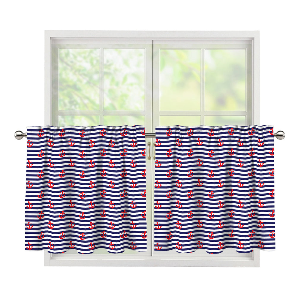 Blue Striped Nautical Anchor Print Tier Curtains