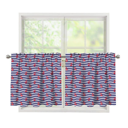 Blue Striped Nautical Anchor Print Tier Curtains