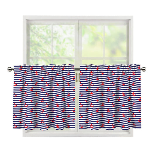 Blue Striped Nautical Anchor Print Tier Curtains