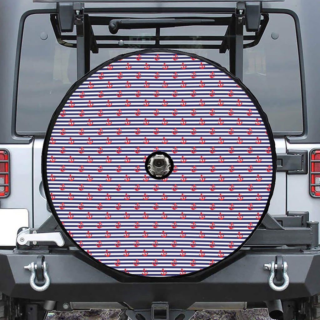 Blue Striped Nautical Anchor Print Tire Cover With Camera Hole