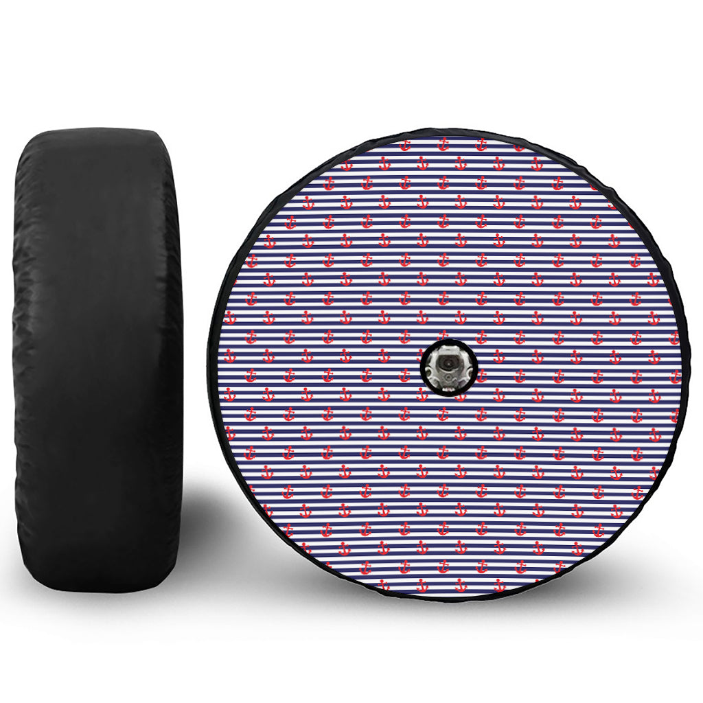 Blue Striped Nautical Anchor Print Tire Cover With Camera Hole