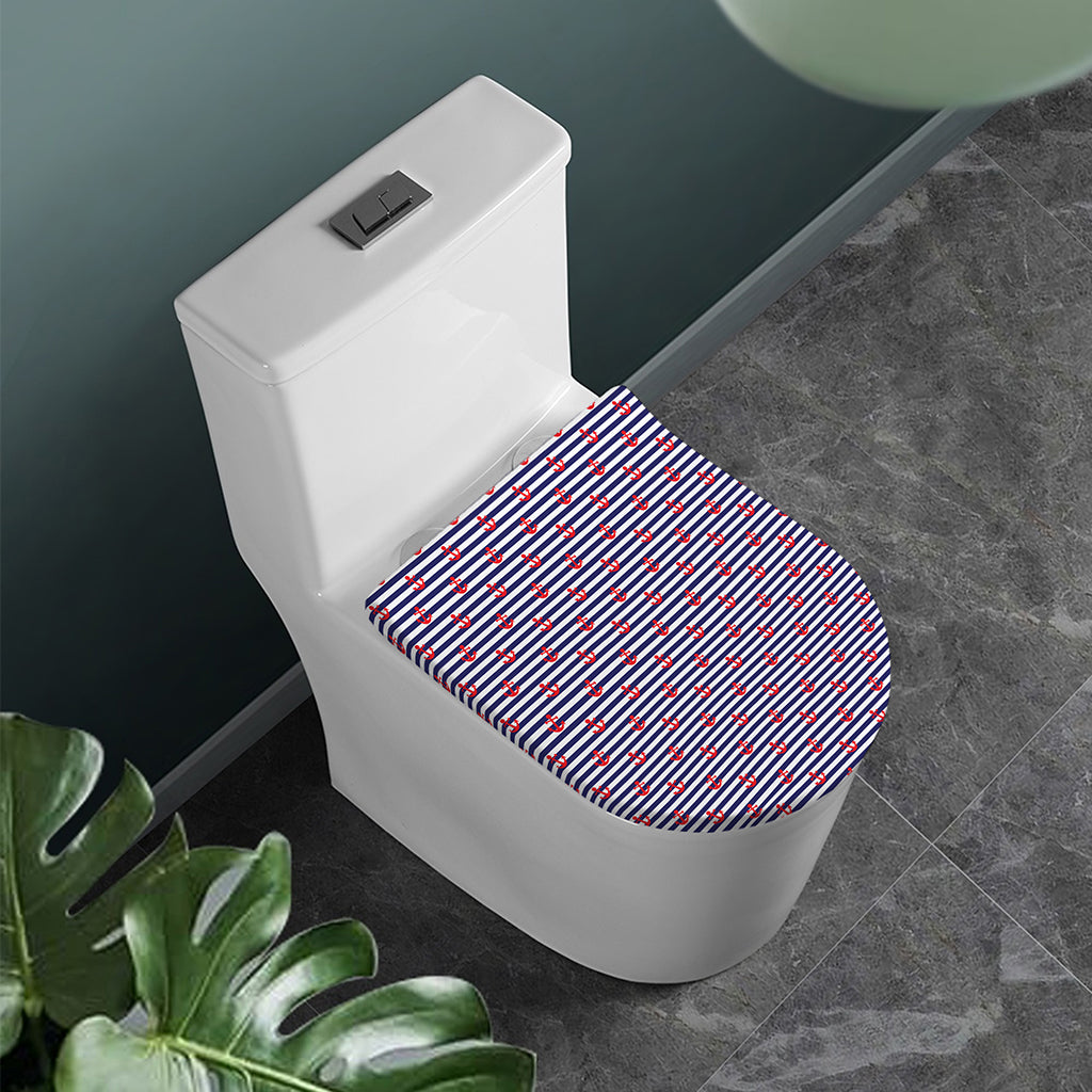 Blue Striped Nautical Anchor Print Toilet Lid Cover