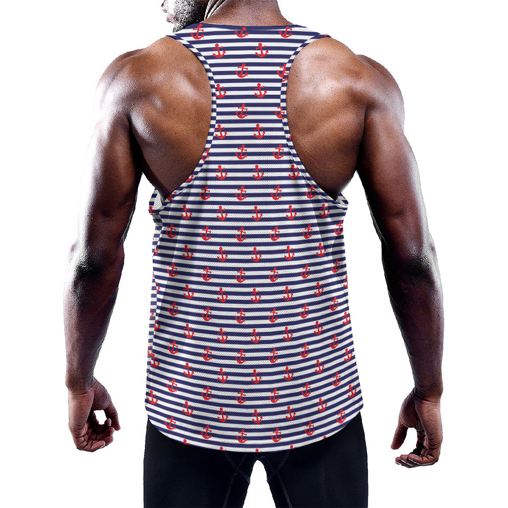 Blue Striped Nautical Anchor Print Training Tank Top