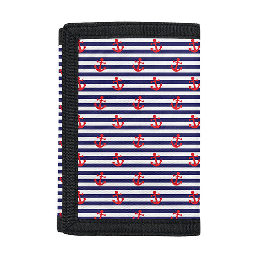 Blue Striped Nautical Anchor Print Trifold Wallet