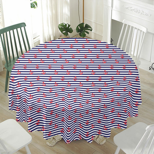 Blue Striped Nautical Anchor Print Waterproof Round Tablecloth