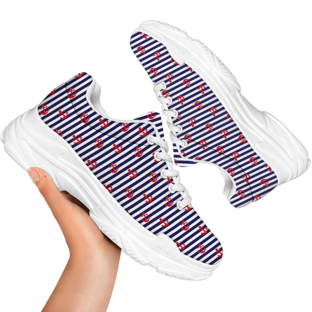 Blue Striped Nautical Anchor Print White Chunky Shoes