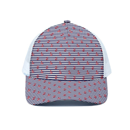 Blue Striped Nautical Anchor Print White Mesh Trucker Cap