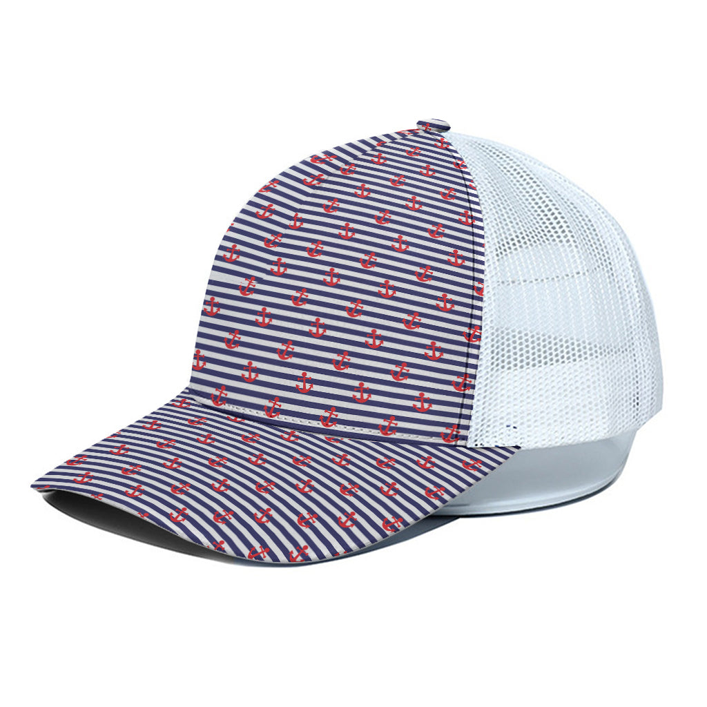Blue Striped Nautical Anchor Print White Mesh Trucker Cap