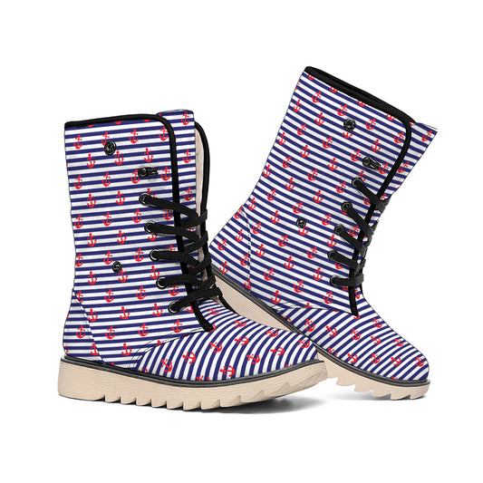 Blue Striped Nautical Anchor Print Winter Boots
