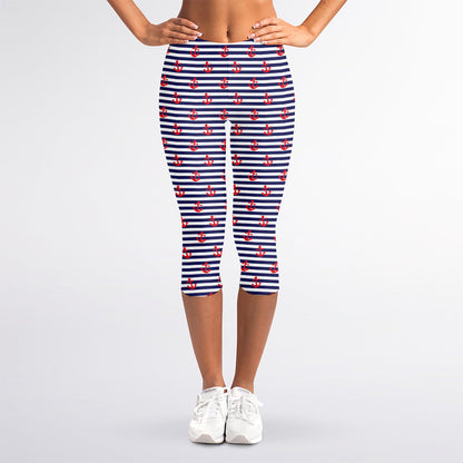 Blue Striped Nautical Anchor Print Women's Capri Leggings