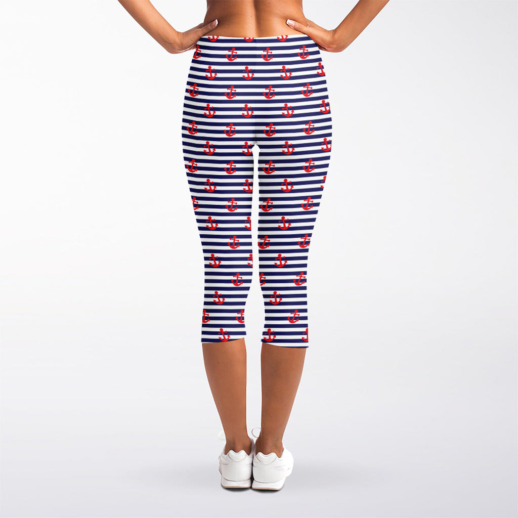 Blue Striped Nautical Anchor Print Women's Capri Leggings