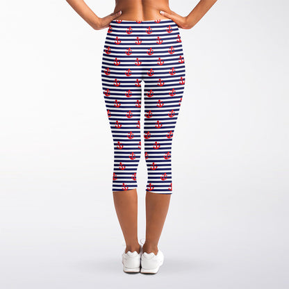 Blue Striped Nautical Anchor Print Women's Capri Leggings