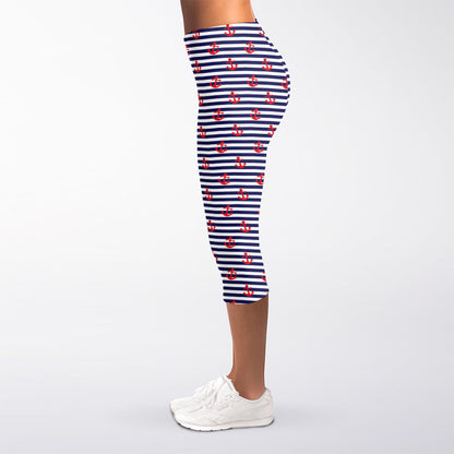 Blue Striped Nautical Anchor Print Women's Capri Leggings
