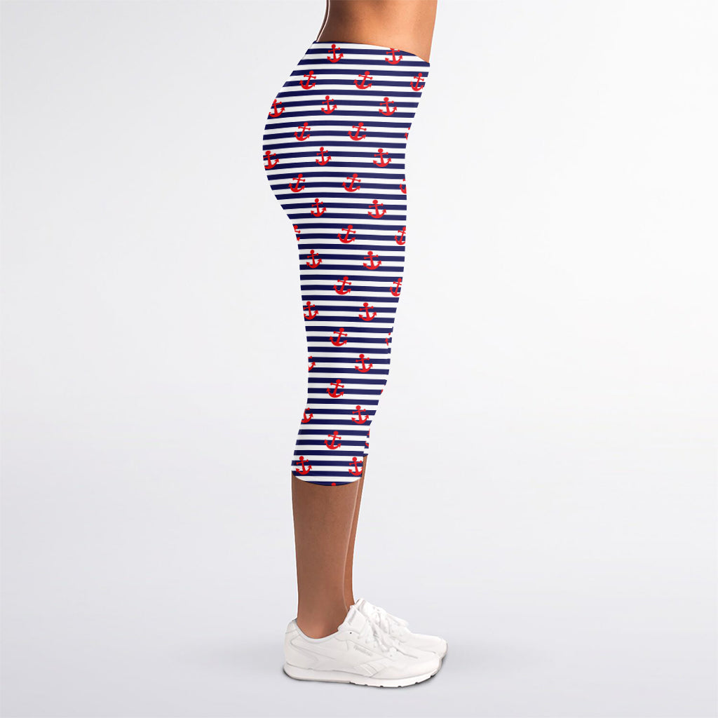 Blue Striped Nautical Anchor Print Women's Capri Leggings