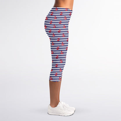 Blue Striped Nautical Anchor Print Women's Capri Leggings