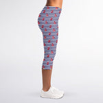 Blue Striped Nautical Anchor Print Women's Capri Leggings