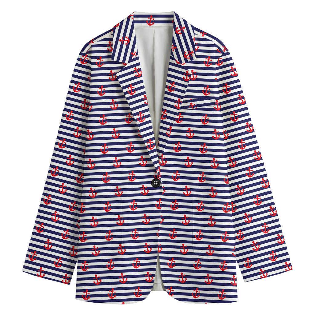 Blue Striped Nautical Anchor Print Women's Cotton Blazer
