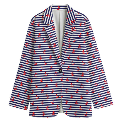 Blue Striped Nautical Anchor Print Women's Cotton Blazer