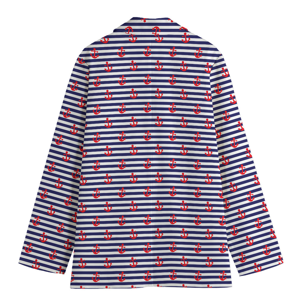 Blue Striped Nautical Anchor Print Women's Cotton Blazer