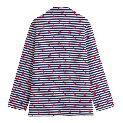 Blue Striped Nautical Anchor Print Women's Cotton Blazer