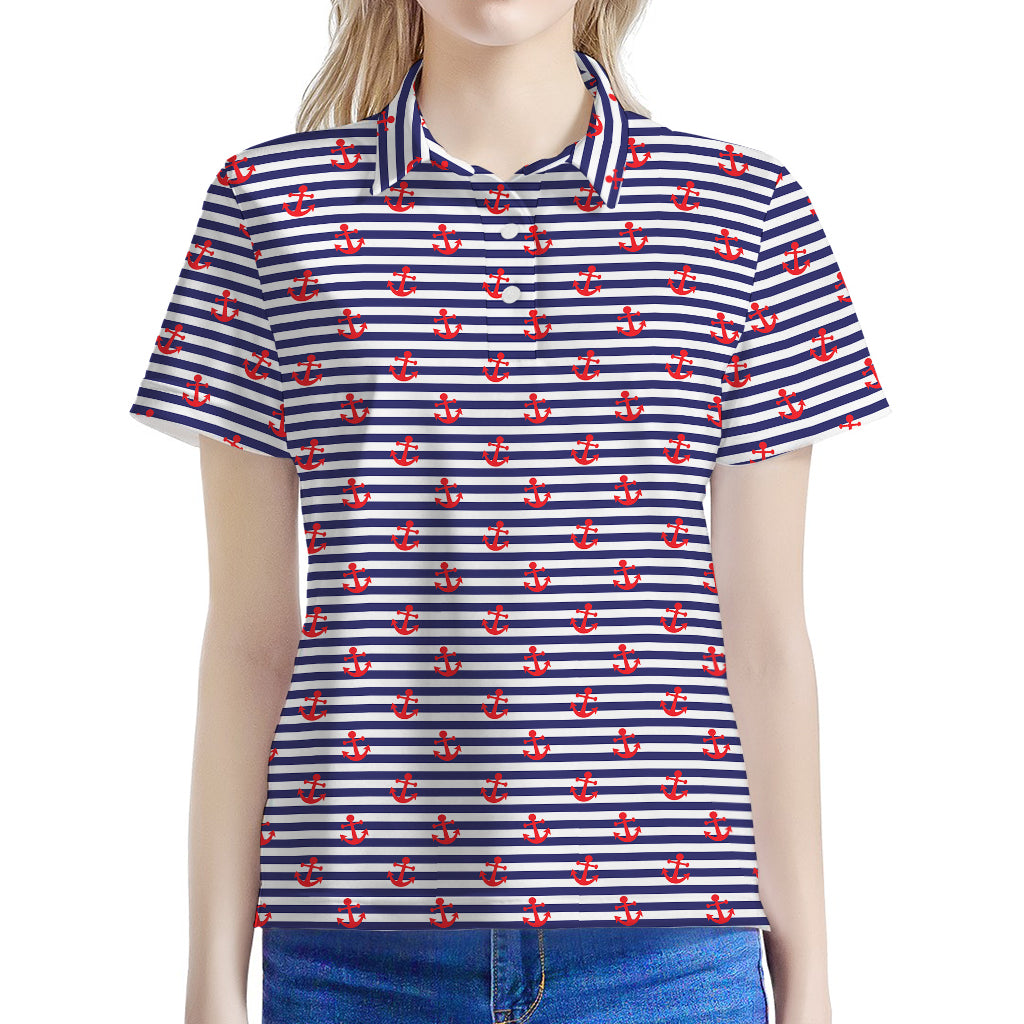 Blue Striped Nautical Anchor Print Women's Polo Shirt