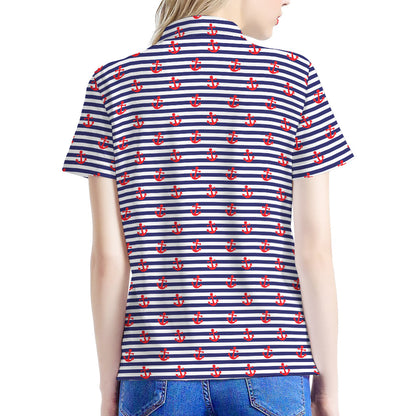 Blue Striped Nautical Anchor Print Women's Polo Shirt