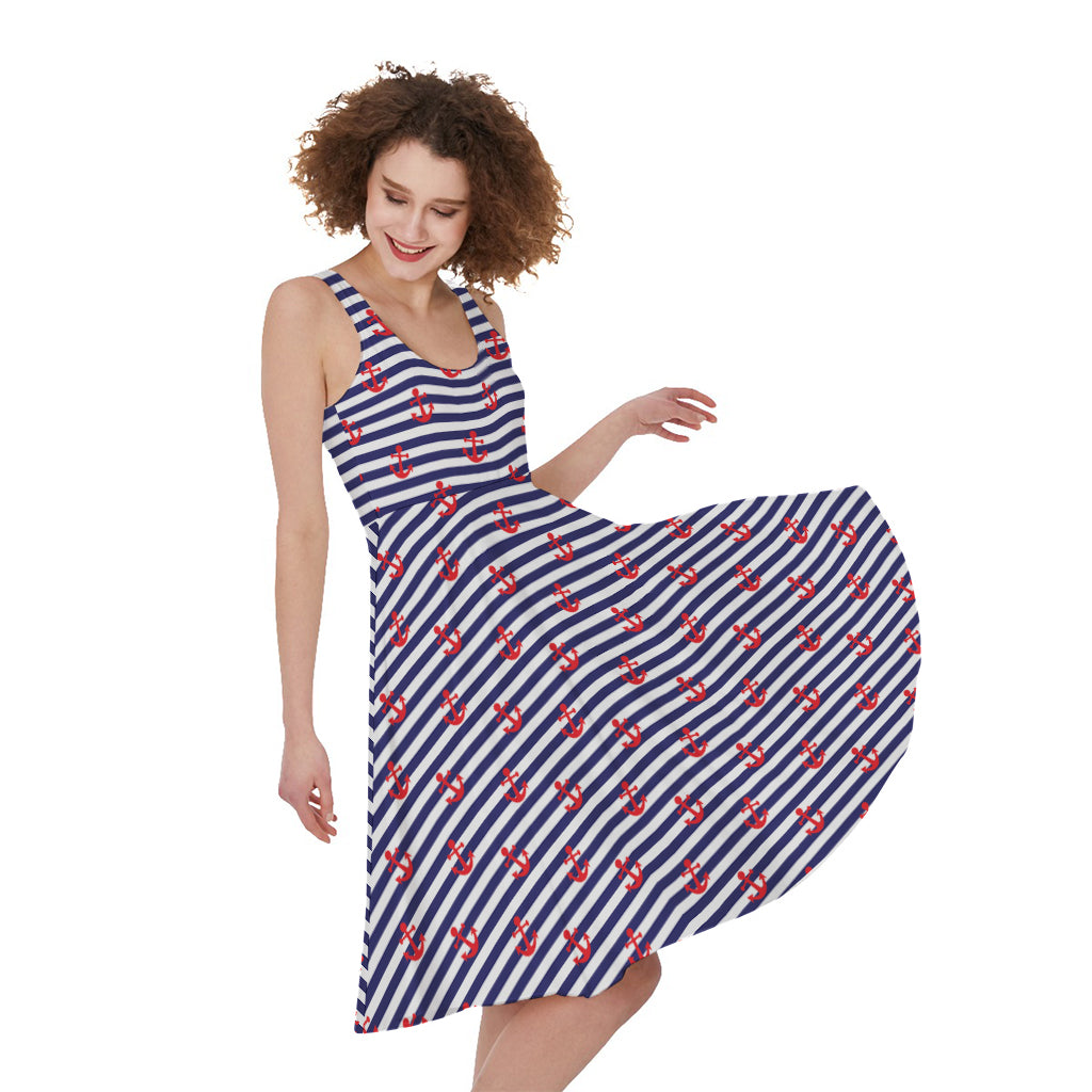 Blue Striped Nautical Anchor Print Women's Sleeveless Dress