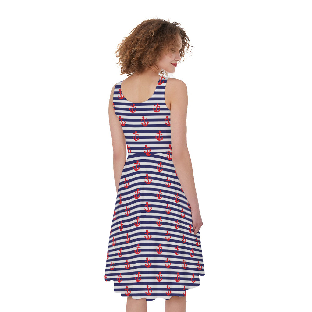 Blue Striped Nautical Anchor Print Women's Sleeveless Dress