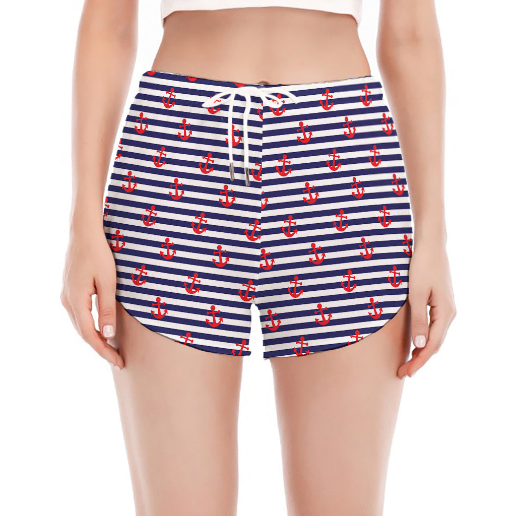Blue Striped Nautical Anchor Print Women's Split Running Shorts