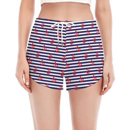 Blue Striped Nautical Anchor Print Women's Split Running Shorts