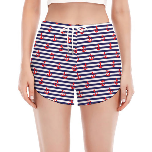 Blue Striped Nautical Anchor Print Women's Split Running Shorts