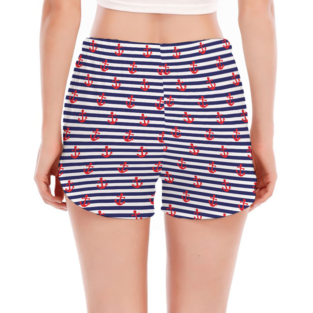 Blue Striped Nautical Anchor Print Women's Split Running Shorts