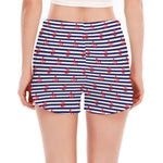 Blue Striped Nautical Anchor Print Women's Split Running Shorts