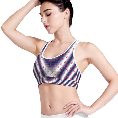 Blue Striped Nautical Anchor Print Women's Sports Bra