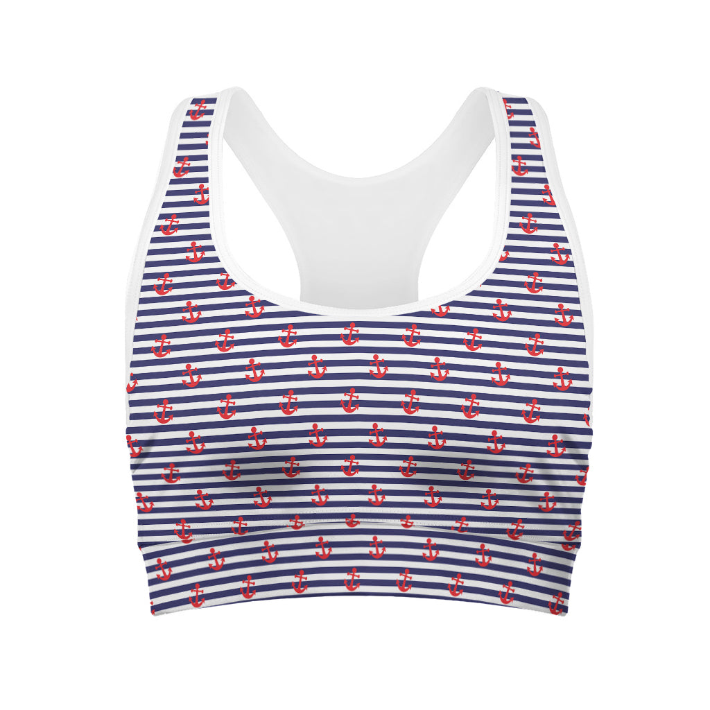 Navy Blue Nautical Anchor Pattern Women Padded Sports Bra Print