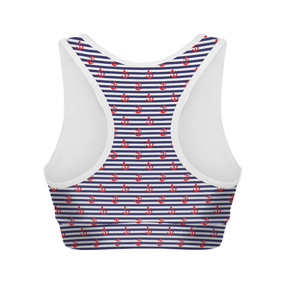 Blue Striped Nautical Anchor Print Women's Sports Bra