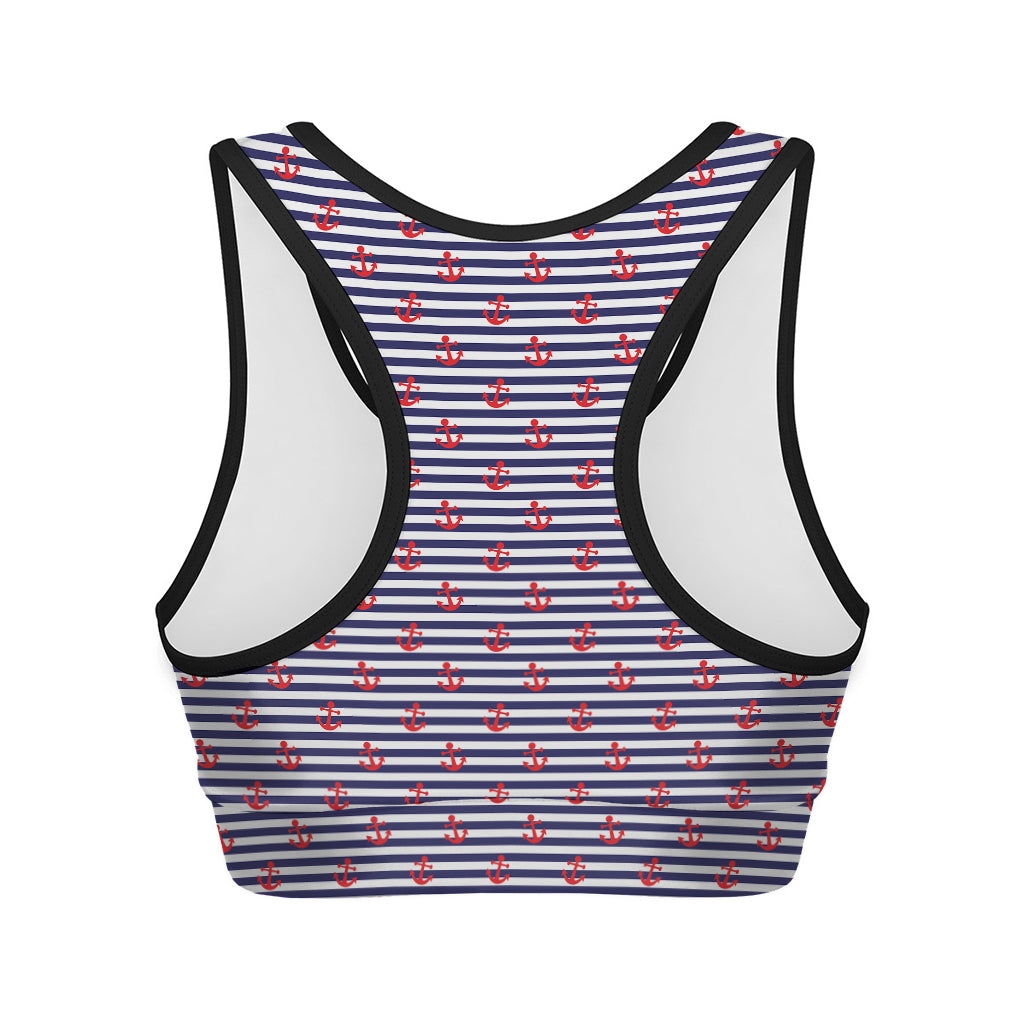 Blue Striped Nautical Anchor Print Women's Sports Bra