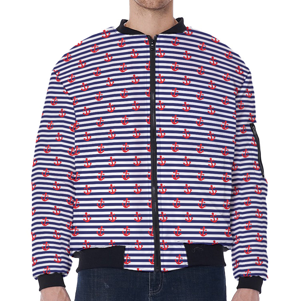 Blue Striped Nautical Anchor Print Zip Sleeve Bomber Jacket