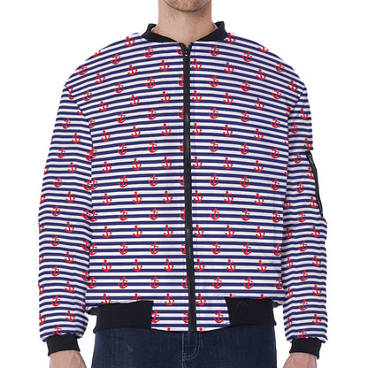 Blue Striped Nautical Anchor Print Zip Sleeve Bomber Jacket