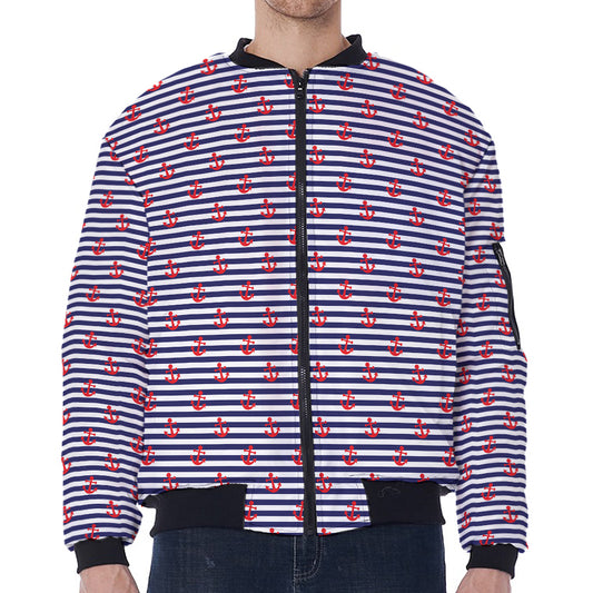 Blue Striped Nautical Anchor Print Zip Sleeve Bomber Jacket