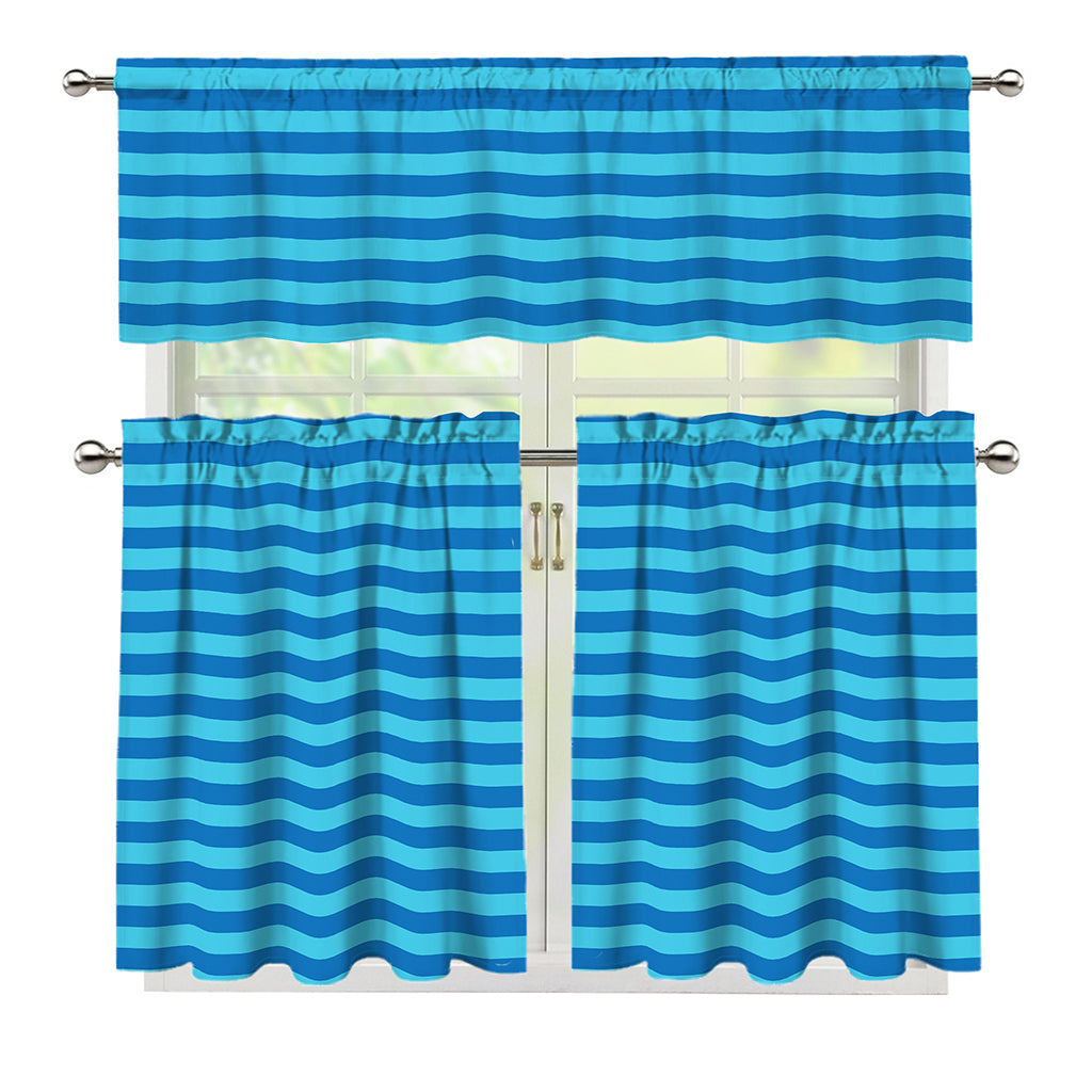 Blue Striped Pattern Print 3 Piece Kitchen Curtains
