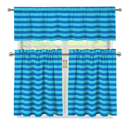 Blue Striped Pattern Print 3 Piece Kitchen Curtains
