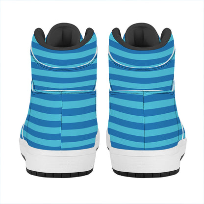Blue Striped Pattern Print High Top Leather Sneakers